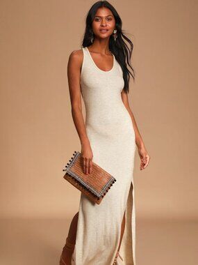 Lulus Relaxed But Not Least Beige Ribbed Sleeveless Maxi Dress - Size S